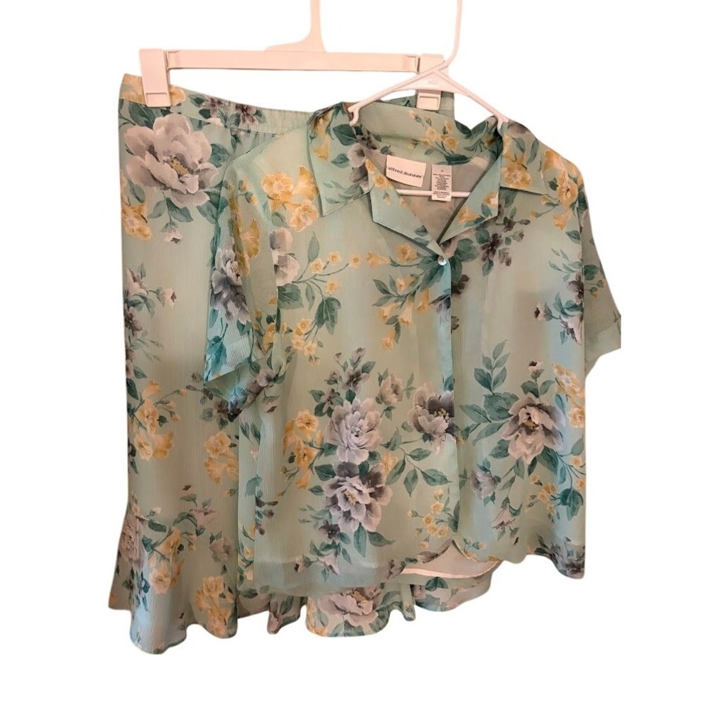 Alfred Dunner Vintage 2 Piece Set Floral Chiffon Blouse and Skirt Mint Green 14